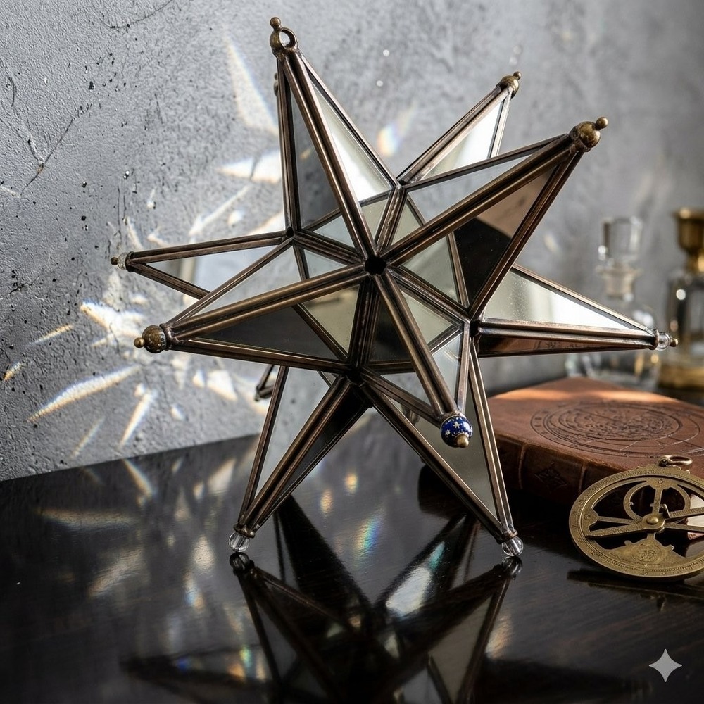 Moravian Star Glass Mirrored Silver Tone Brass Tone Decor 8.5" x 8.5" Figure